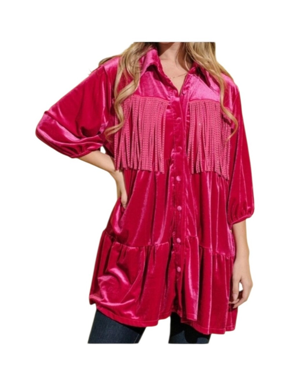 3/4 Sleeve Button Up Fringed Tiered Velvet Tunic Top
